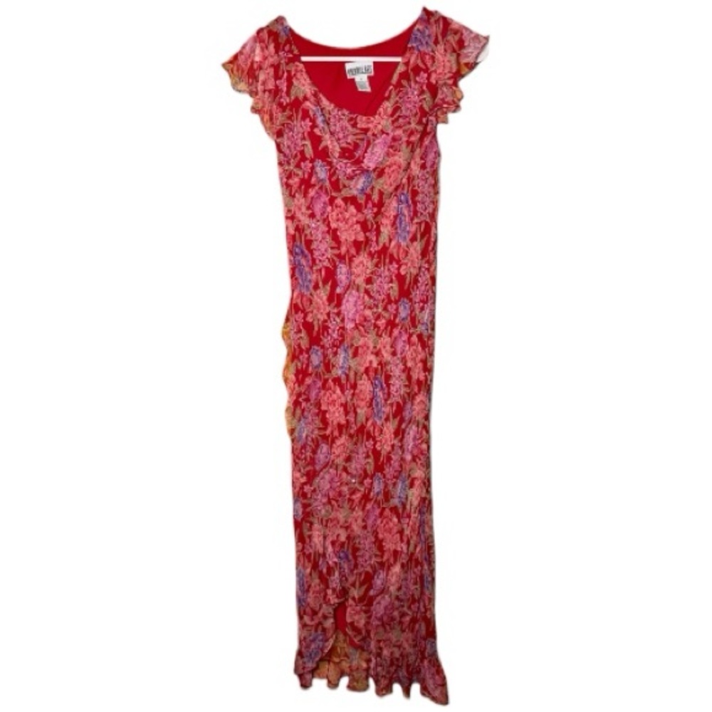 Robbie Bee Red Floral Beaded Silk Y2k Vintage Fall Dress